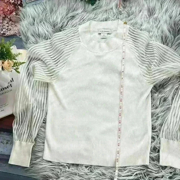 Club Monaco Women's Sheer Striped Lantern Sleeve Ribbed White Sweater, S - Picture 8 of 12